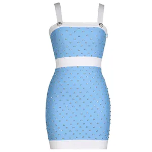 Light blue and white backless bandage party dress featuring silver rhinestone embellishments.