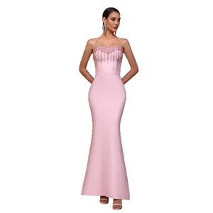 Elegant pink strapless mermaid bandage dress with shimmering rhinestone fringe details