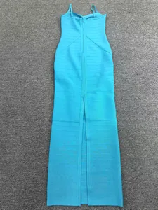 Rear view of sky blue bandage maxi dress with zipper and high slit detail