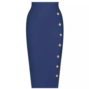 Elegante gonna a matita bandage blu navy con bottoni decorativi in metallo dorato