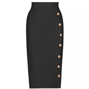 Gonna a tubino nera a vita alta con bottoni metallici dorati decorativi laterali per donna