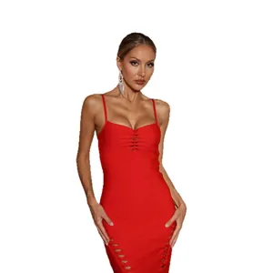 Elegant red bodycon bandage dress with spaghetti straps and cut-out details for evening parties