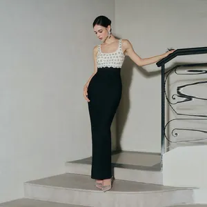 Elegantes Schwarz-Weiß-Bandagen-Abendkleid für Damen, luxuriös mit Perlen und Strasssteinen, figurbetontes Maxikleid