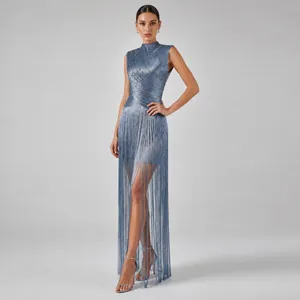 Detailed view of elegant blue fringe bandage evening gown with sleeveless design