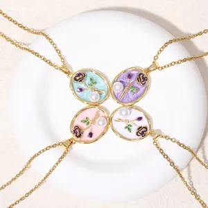Vintage oil painting rose pearl pendant necklace for women in four elegant pastel colors