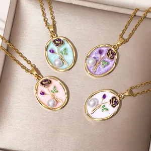 Elegant vintage Monet Garden style oil painting rose pendant necklaces with delicate pearls
