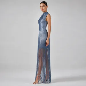 Elegant sleeveless silver blue fringe bandage dress with floor-length tassels