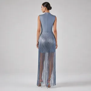 Elegant back view of a sleeveless blue bandage dress with shimmering silver fringe
