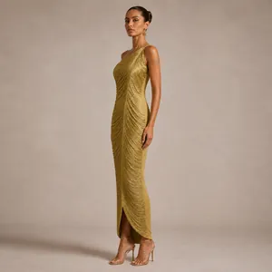 Elegant one-shoulder gold pleated maxi evening gown, perfect for formal parties and events.