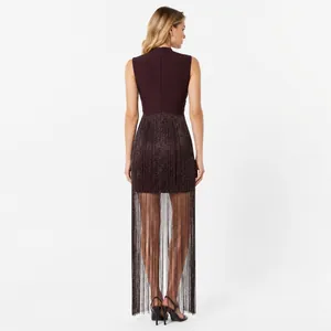 Back view of a sleeveless burgundy bandage dress with long fringe hem
