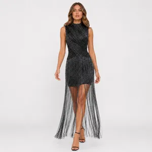 Detail view of a black sleeveless fringe bandage dress with sparkling silver threads.