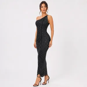 Elegant black one-shoulder glitter knit maxi dress for formal evening parties and gala.