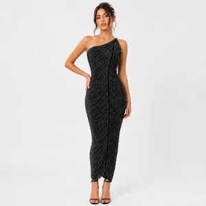 Elegant black one-shoulder shimmery bandage maxi dress for evening gala parties.