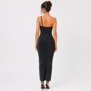Elegant back view detail of a sparkling black one-shoulder maxi evening gown for parties