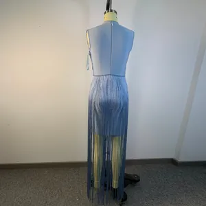 Detail view of the back of a light blue bandage dress with long silver thread fringes.