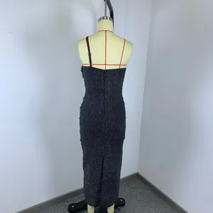 Back view of high elastic knit bandage dress with glitter texture and back slit