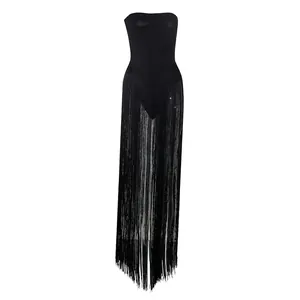 Elegant black strapless bodysuit featuring dramatic long fringe tassels for party wear.