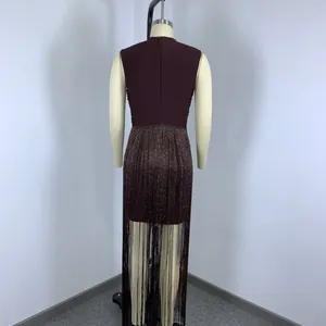 Detailed back view of a burgundy sleeveless bandage dress with long sparkling fringe