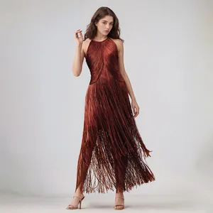 Elegant copper fringe sleeveless bandage maxi dress for parties and stage performance