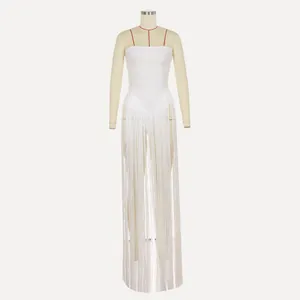 White strapless jumpsuit with dramatic floor-length fringe detail for party or performance