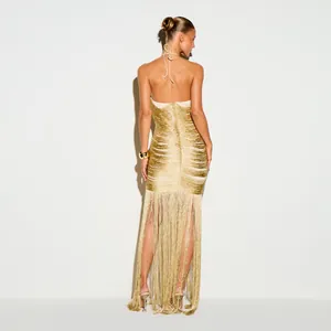 Elegant gold fringed halter neck backless maxi dress for evening parties and shows
