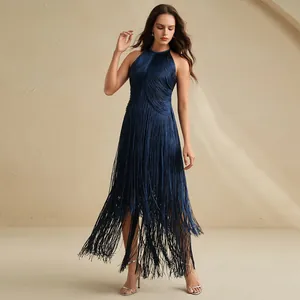 Detailed macro view of the navy blue fringe sleeveless halter dress for elegant party wear