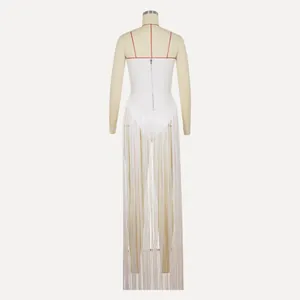 Back view of white tube top bodysuit with long fringe detail