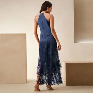 Back view of elegant navy blue sleeveless bandage dress with long swaying fringe detail