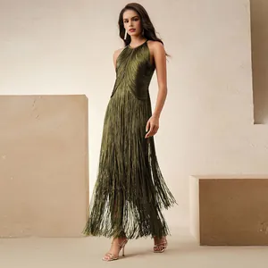 Full-length view of an elegant green fringed sleeveless bandage dress for formal parties
