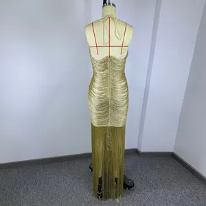 Detailed back view of a sexy olive gold halter fringe maxi dress for evening party wear