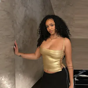 Seductive metallic gold square neck crop top featuring sexy side bandage lace-up details