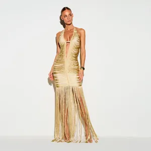 Sexy Halter Deep V Tassel Evening Dress Women Gold Polyester Backless Bodycon Fringe Top And Bottom Gown For Party