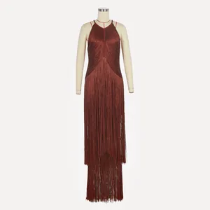 Detailed front view of brown fringe halter neck sleeveless bandage party dress on mannequin
