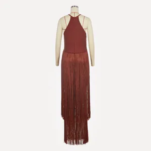 Back view of wine red sleeveless bandage dress with long fringe hem for parties