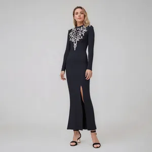 Damen Luxus Strass Bodycon Kleid Langarm Schlitz Abend Party Maxikleid High End Bandage Bankett Slim Fit Gown