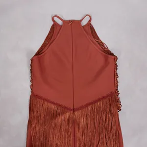 Back detail of rust red bandage dress with long fringe tassels for party and stage.