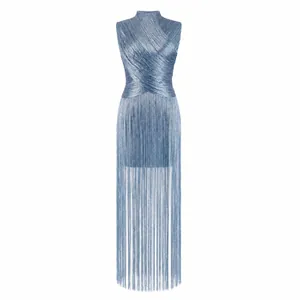 Elegant light blue sleeveless silver thread fringe bandage evening gown for party wear