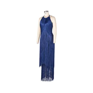Blue sleeveless fringe bandage dress detail for parties and stage performance.