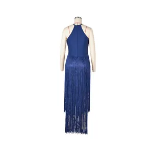 Back view of a royal blue sleeveless bandage dress featuring long tiered fringe details for parties