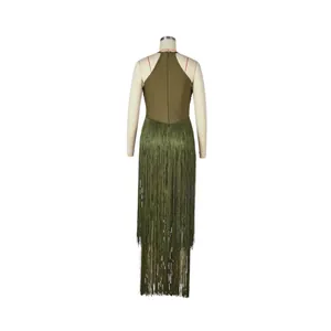 Back view of olive green fringe sleeveless bandage dress for elegant party and stage