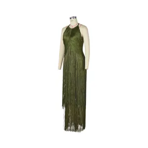 Full view of an olive green fringe sleeveless halter dress displayed on a mannequin