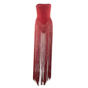 Elegant red strapless fringe bodysuit for party and stage wear, luxury design