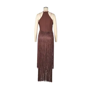 Back view of elegant brown sleeveless bandage dress with multi-layered fringe detail