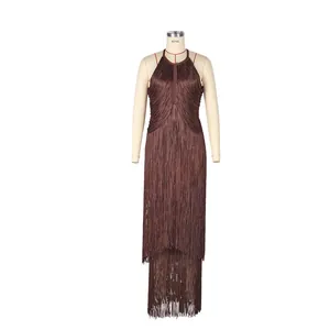 Detailed view of brown fringe sleeveless bandage dress with halter neck for party