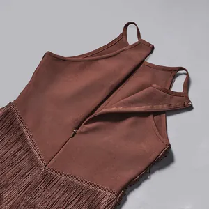 Close-up detail of brown sleeveless bandage dress showing back zipper and fringe trim