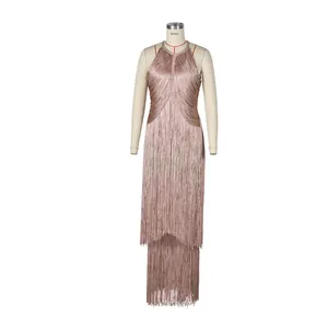 Detailed view of the elegant mauve fringe halter-neck bandage dress on a mannequin torso.