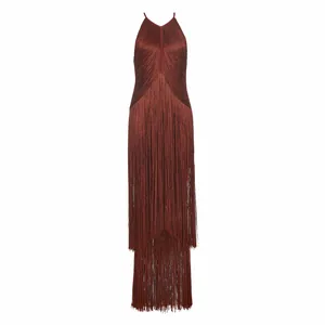 Elegant rust red fringe sleeveless bandage dress for party and stage performance