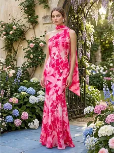 Elegante vestido largo floral rosa de un hombro con cinta a juego en un bello jardín