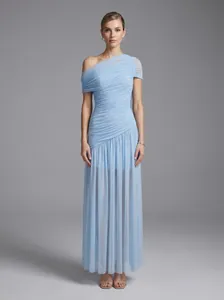 Full-body detail view of an elegant one-shoulder light blue tulle maxi dress with pleats