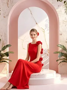 Vista detallada de un elegante vestido largo rojo sin espalda con flores 3D decorativas